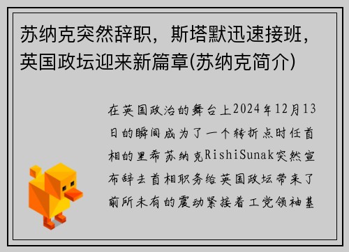 苏纳克突然辞职，斯塔默迅速接班，英国政坛迎来新篇章(苏纳克简介)