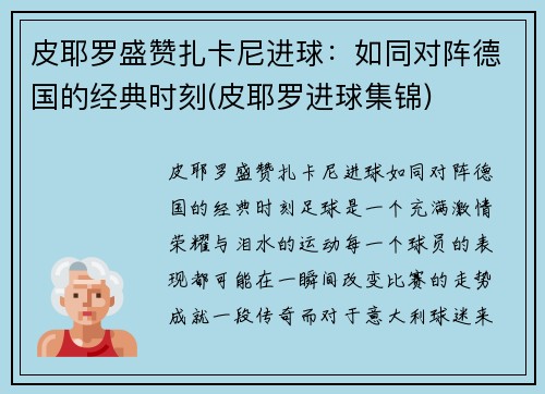 皮耶罗盛赞扎卡尼进球：如同对阵德国的经典时刻(皮耶罗进球集锦)