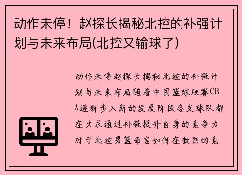 动作未停！赵探长揭秘北控的补强计划与未来布局(北控又输球了)