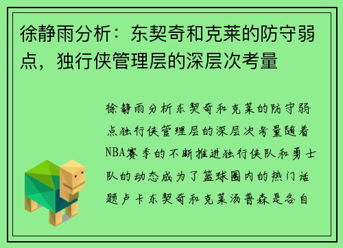 徐静雨分析：东契奇和克莱的防守弱点，独行侠管理层的深层次考量