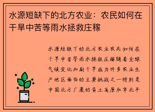 水源短缺下的北方农业：农民如何在干旱中苦等雨水拯救庄稼