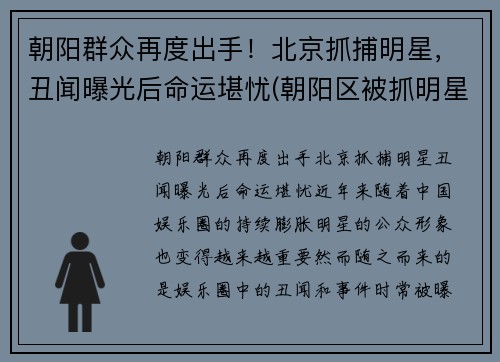 朝阳群众再度出手！北京抓捕明星，丑闻曝光后命运堪忧(朝阳区被抓明星)
